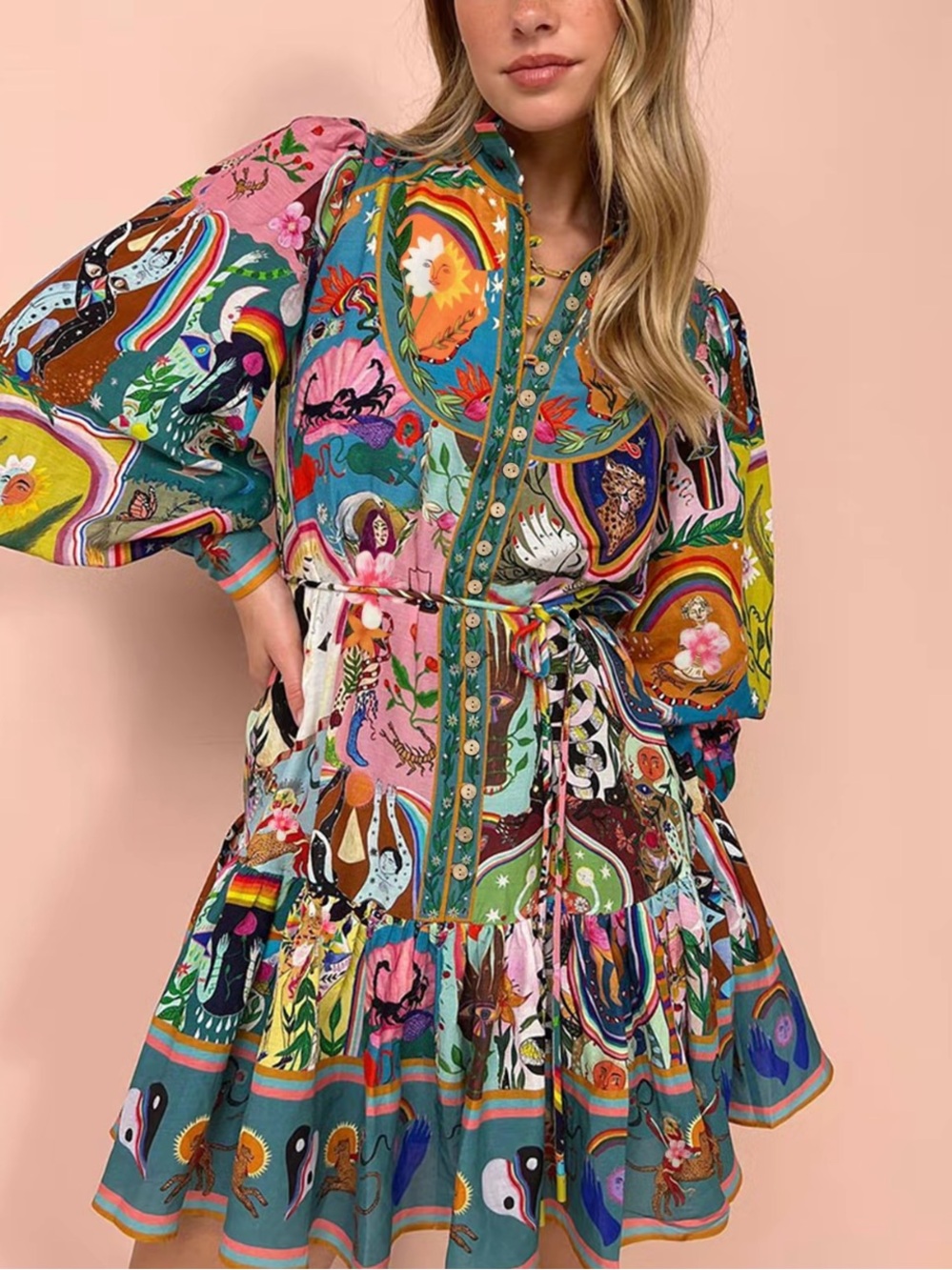 Printella  Multicolor Printed Long-Sleeve Tiered Mini Dress